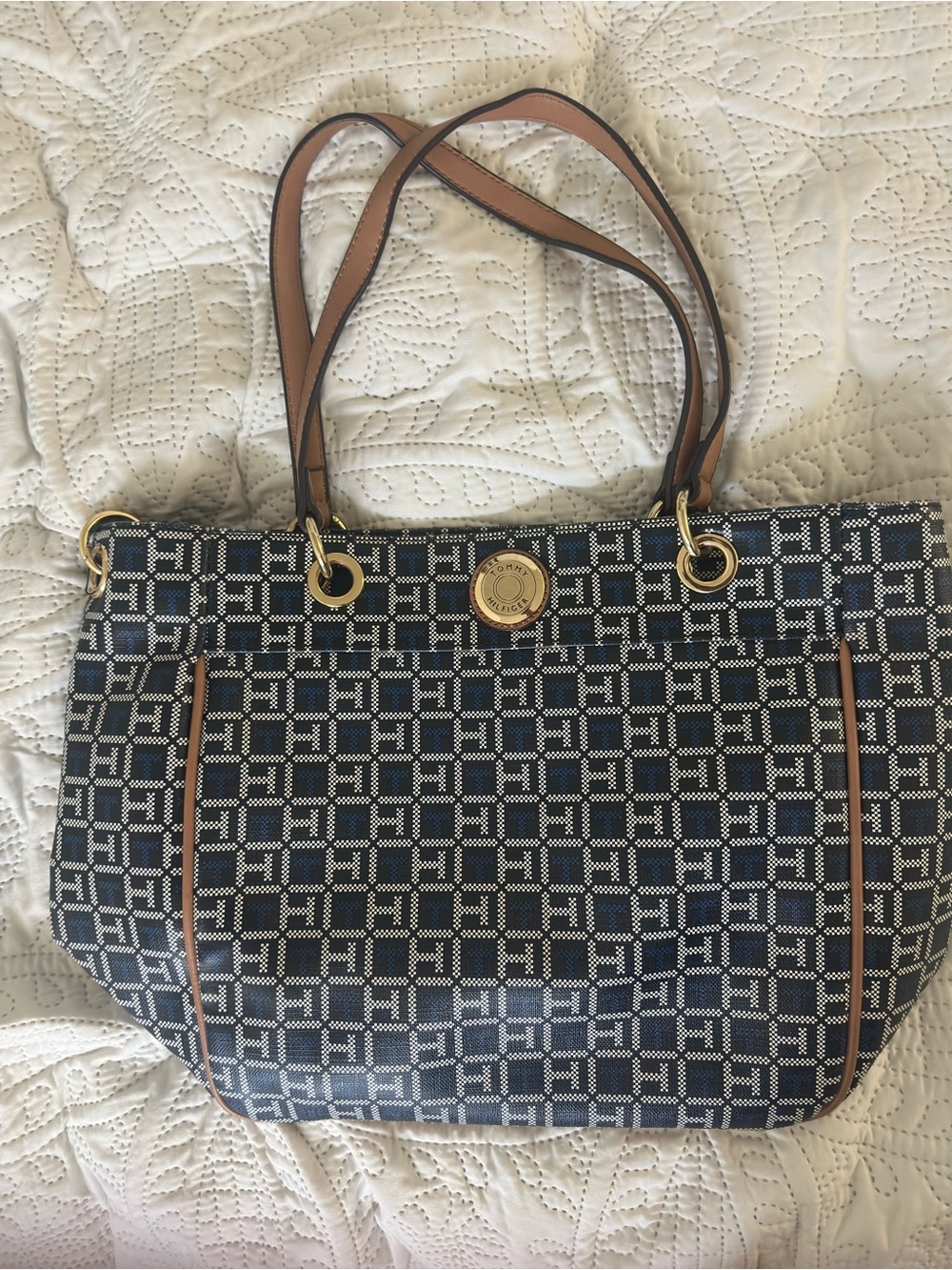 Tommy Hilfiger Navy Patterned Tote with Tan Trim